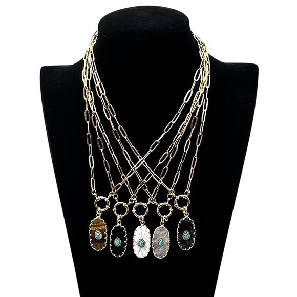 Black Onyx Turquoise Gemstone Pendant Necklace 18K Gold Plated Chain 17 Inch - Picture 5 of 9